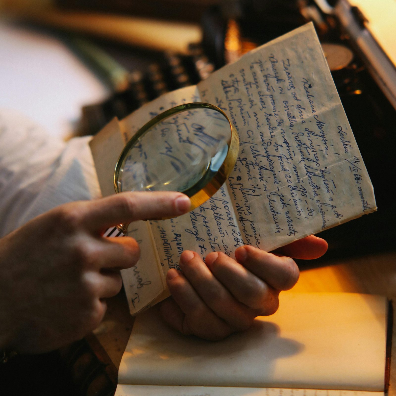 Close-up shot of hands examining a handwritten letter with a magnifying glass.